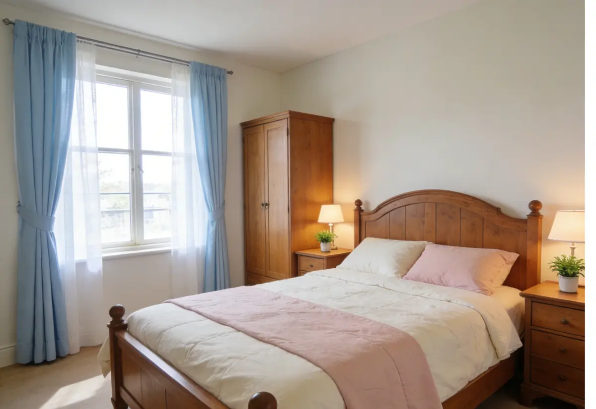 Traditional feng shui bedroom layout showing commanding position with bed diagonal to door, solid wooden headboard, symmetrical nightstands, and calming blue accents